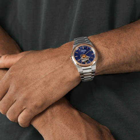 Мъжки ръчен часовник с автоматичен механизъм - корпус от Стомана - Стоманена верижка - цвят Син Розово Злато