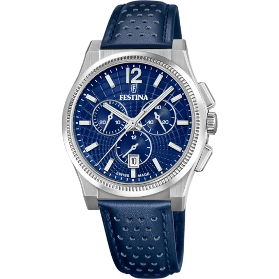 Мъжки ръчен часовник с кварцов механизъм - корпус от Стомана - Естествена кожа - цвят Син Сив