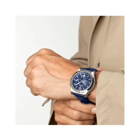 Мъжки ръчен часовник с кварцов механизъм - корпус от Стомана - Естествена кожа - цвят Син Сив