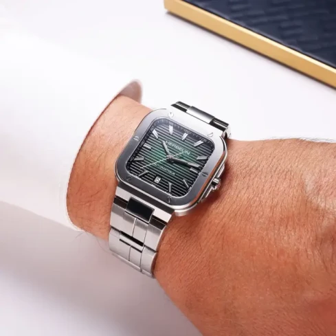 Мъжки ръчен часовник с автоматичен механизъм - корпус от Стомана - Стоманена верижка - цвят Зелен Сив