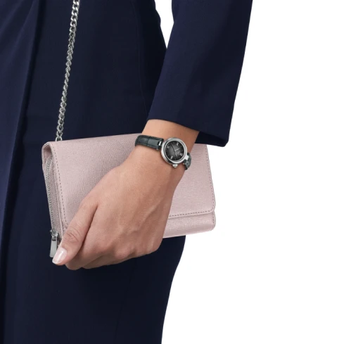 Дамски ръчен часовник с кварцов механизъм - корпус от Стомана - Естествена кожа - цвят Черен Сив