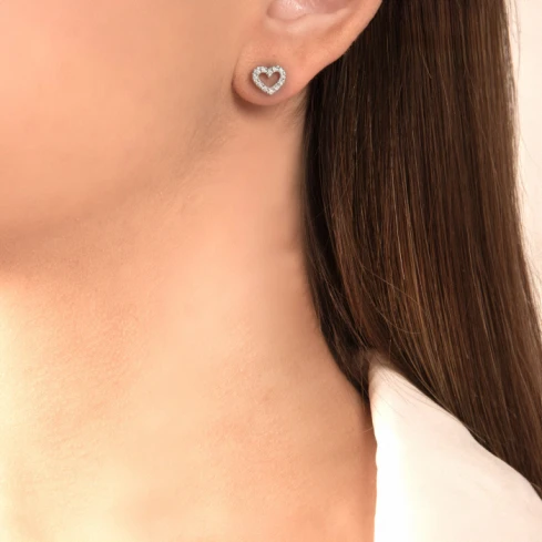 Дамски обеци от 18K Злато Бяло - с форма Сърце - Диаманти