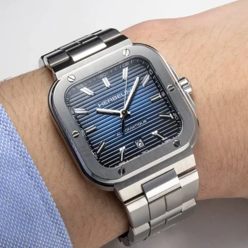 Мъжки ръчен часовник с автоматичен механизъм - корпус от Стомана - Стоманена верижка - цвят Син Сив