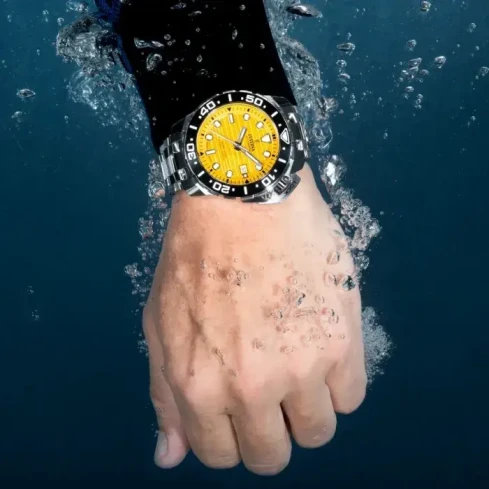 Мъжки ръчен часовник с автоматичен механизъм - корпус от Стомана и керамика - Стоманена верижка - цвят Жълт Сив