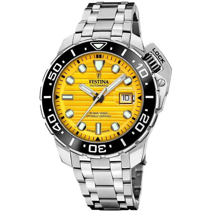 Мъжки ръчен часовник с автоматичен механизъм - корпус от Стомана и керамика - Стоманена верижка - цвят Жълт Сив