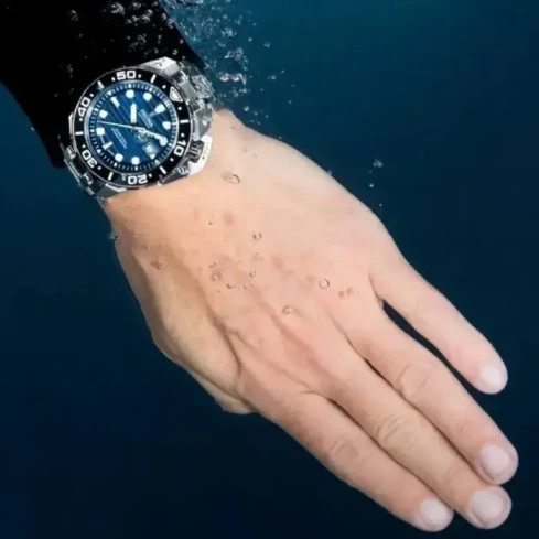 Мъжки ръчен часовник с автоматичен механизъм - корпус от Стомана и керамика - Стоманена верижка - цвят Син Сив