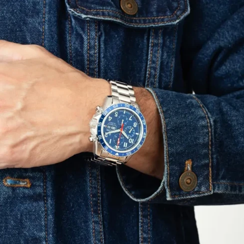 Мъжки ръчен часовник с автоматичен механизъм - корпус от Стомана - Стоманена верижка - цвят Син Сив