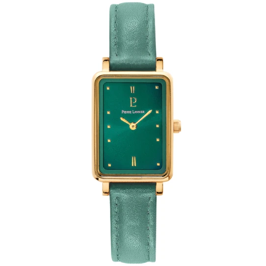 Дамски ръчен часовник с кварцов механизъм - корпус от Стомана - Естествена кожа - цвят Зелен Зелен