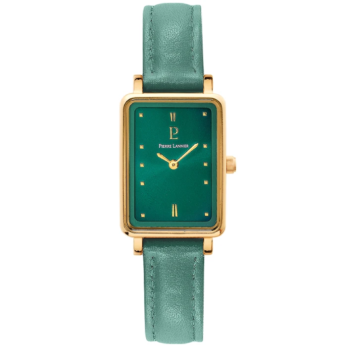 Дамски ръчен часовник с кварцов механизъм - корпус от Стомана - Естествена кожа - цвят Зелен Зелен