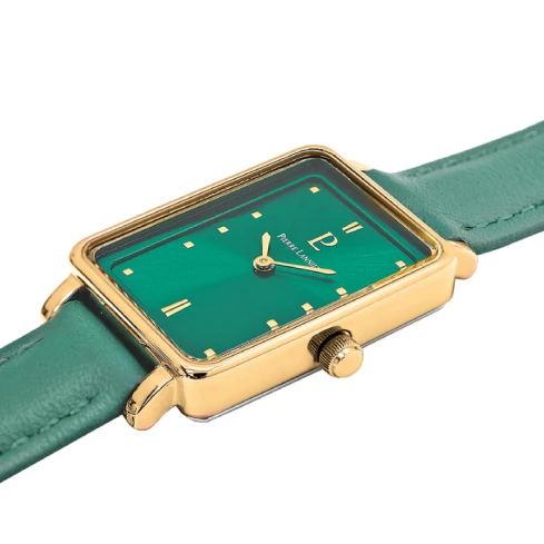 Дамски ръчен часовник с кварцов механизъм - корпус от Стомана - Естествена кожа - цвят Зелен Зелен