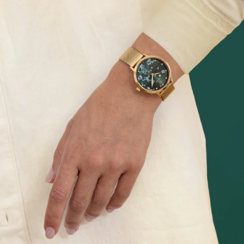 Дамски ръчен часовник с кварцов механизъм - корпус от Стомана - Меш - цвят Зелен Злато