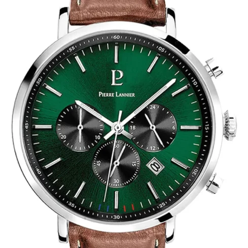 Мъжки ръчен часовник с кварцов механизъм - корпус от Стомана - Естествена кожа - цвят Зелен Кафяв