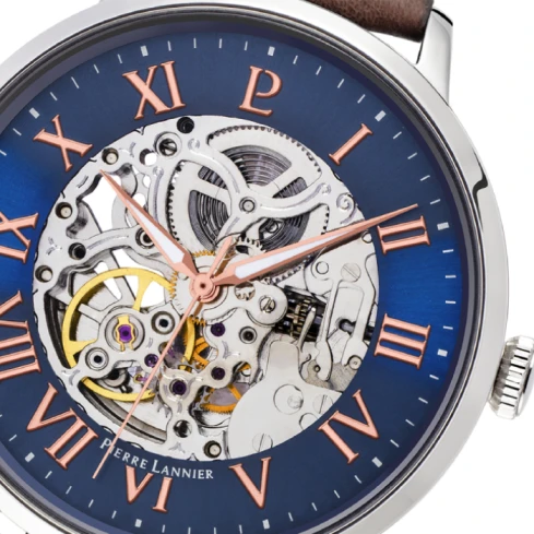 Мъжки ръчен часовник с автоматичен механизъм - корпус от Стомана - Естествена кожа - цвят Скелетон Кафяв