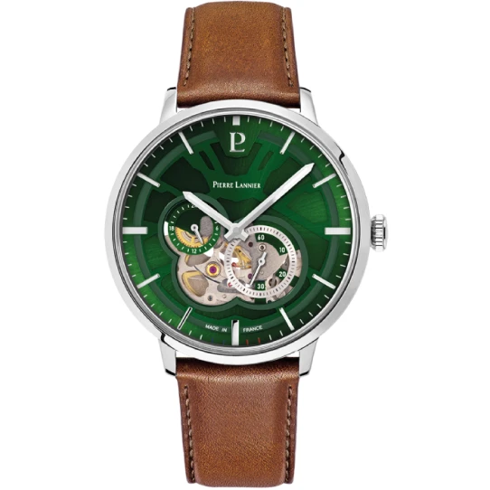 Мъжки ръчен часовник с автоматичен механизъм - корпус от Стомана - Естествена кожа - цвят Зелен Кафяв