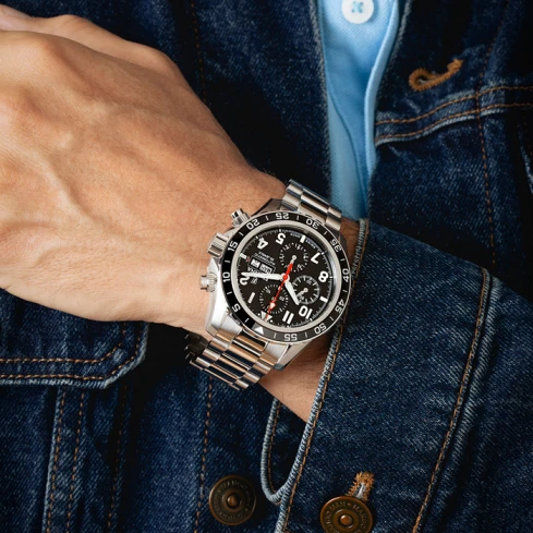 Мъжки ръчен часовник с автоматичен механизъм - корпус от Стомана - Стоманена верижка - цвят Черен Сив