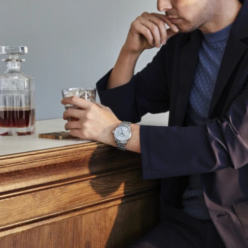 Мъжки ръчен часовник с автоматичен механизъм - корпус от Стомана - Стоманена верижка - цвят Син Сив