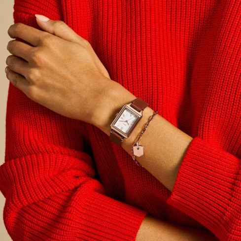 Дамски ръчен часовник с кварцов механизъм - корпус от Стомана - Естествена кожа - цвят Бял Кафяв