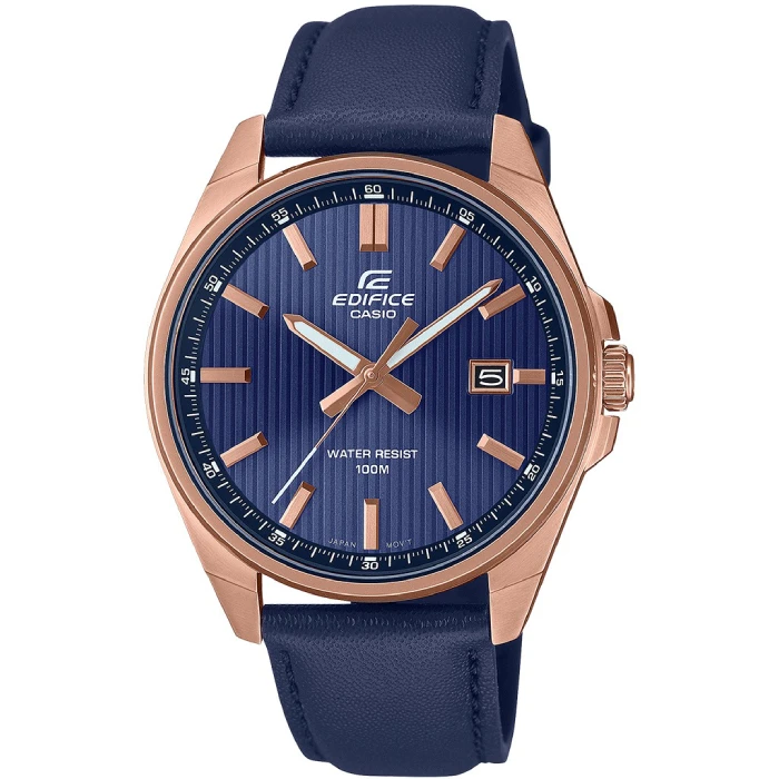 Мъжки ръчен часовник с кварцов механизъм - корпус от Стомана - Естествена кожа - цвят Син Син