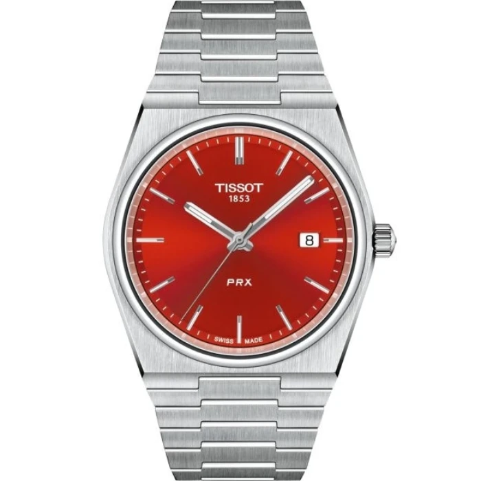 Tissot T137.410.11.421.00 PRX - Мъжки ръчен часовник с кварцов механизъм - корпус от Стомана - Стоманена верижка - цвят Червен Сив