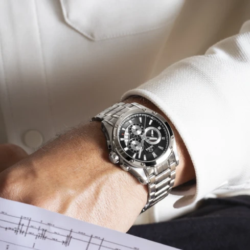 Мъжки ръчен часовник с кварцов механизъм - корпус от Стомана - Стоманена верижка - цвят Черен Сив