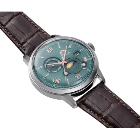 Мъжки ръчен часовник с автоматичен механизъм - корпус от Стомана - Естествена кожа - цвят Тюркоаз Кафяв