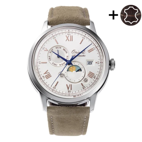 Мъжки ръчен часовник с автоматичен механизъм - корпус от Стомана - Естествена кожа - цвят Бежов Бежов