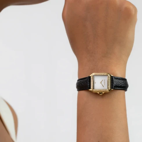 Дамски ръчен часовник с кварцов механизъм - корпус от Стомана - Естествена кожа - цвят Бял Черен