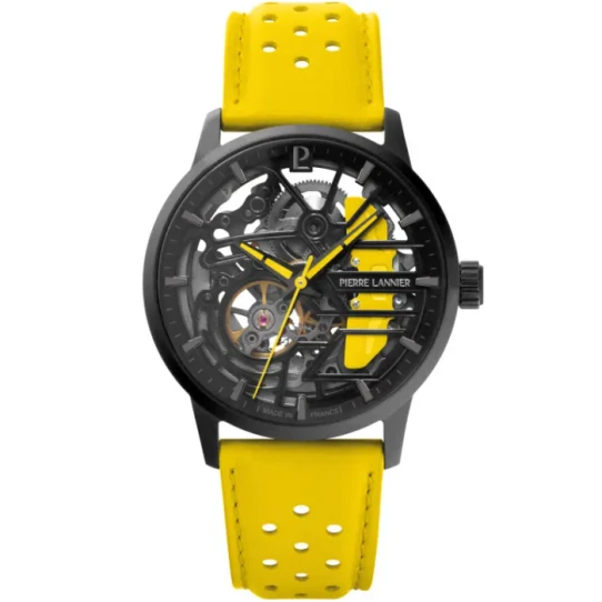 Мъжки ръчен часовник с автоматичен механизъм - корпус от Стомана - Естествена кожа - цвят Скелетон Жълт