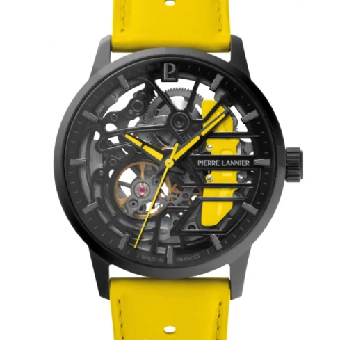 Мъжки ръчен часовник с автоматичен механизъм - корпус от Стомана - Естествена кожа - цвят Скелетон Жълт