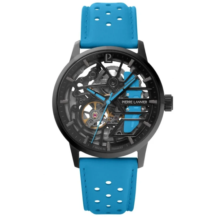 Мъжки ръчен часовник с автоматичен механизъм - корпус от Стомана - Естествена кожа - цвят Скелетон Син