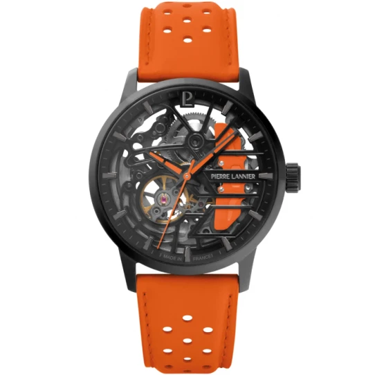 Мъжки ръчен часовник с автоматичен механизъм - корпус от Стомана - Естествена кожа - цвят Скелетон Оранжев