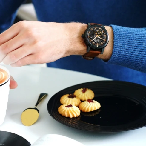 Мъжки ръчен часовник с автоматичен механизъм - корпус от Стомана - Естествена кожа - цвят Скелетон Кафяв