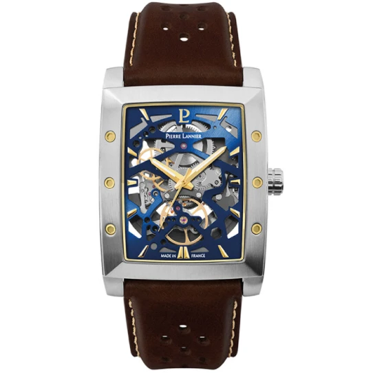 Мъжки ръчен часовник с автоматичен механизъм - корпус от Стомана - Естествена кожа - цвят Скелетон Кафяв