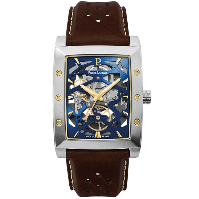 Мъжки ръчен часовник с автоматичен механизъм - корпус от Стомана - Естествена кожа - цвят Скелетон Кафяв