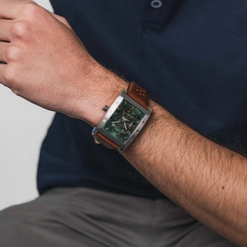 Мъжки ръчен часовник с автоматичен механизъм - корпус от Стомана - Естествена кожа - цвят Скелетон Кафяв