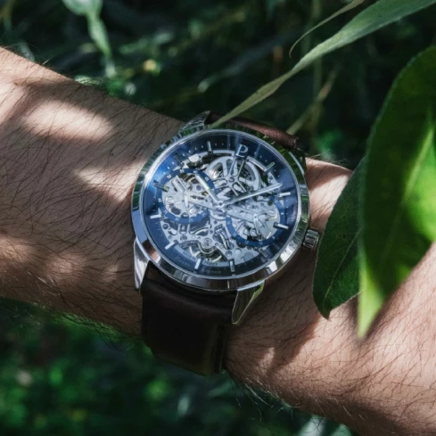 Мъжки ръчен часовник с автоматичен механизъм - корпус от Стомана - Естествена кожа - цвят Скелетон Кафяв