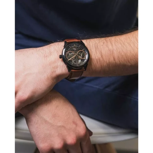 Мъжки ръчен часовник с автоматичен механизъм - корпус от Стомана - Естествена кожа - цвят Скелетон Кафяв