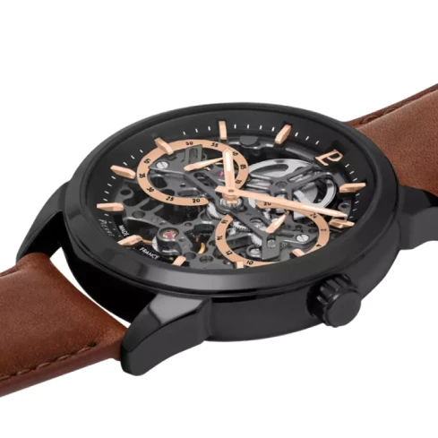 Мъжки ръчен часовник с автоматичен механизъм - корпус от Стомана - Естествена кожа - цвят Скелетон Кафяв