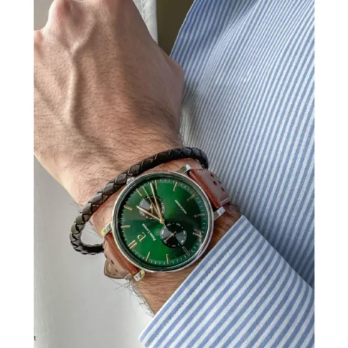 Мъжки ръчен часовник с кварцов механизъм - корпус от Стомана - Естествена кожа - цвят Зелен Кафяв