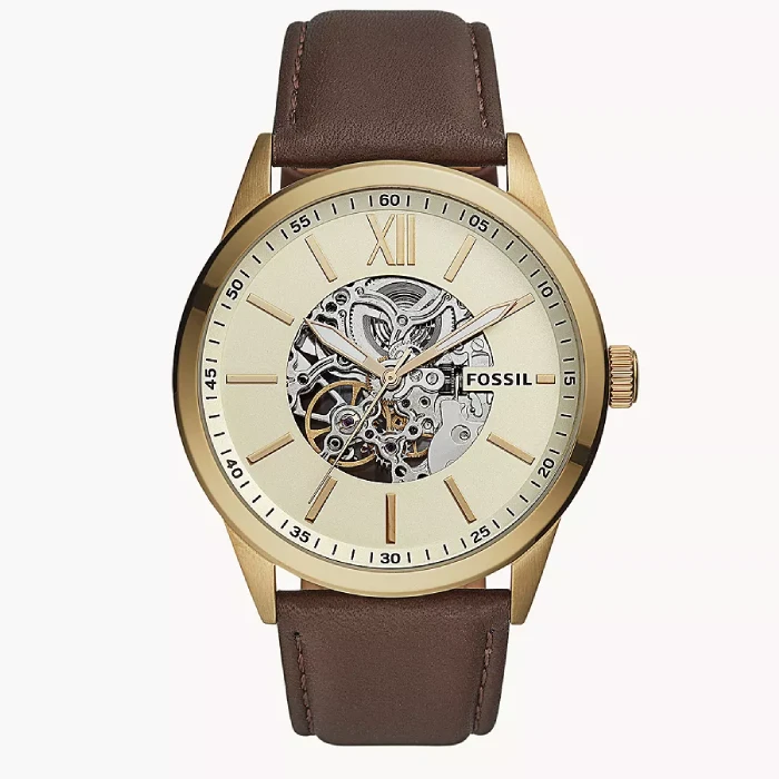 Мъжки ръчен часовник с автоматичен механизъм - корпус от Стомана - Естествена кожа - цвят Скелетон Кафяв