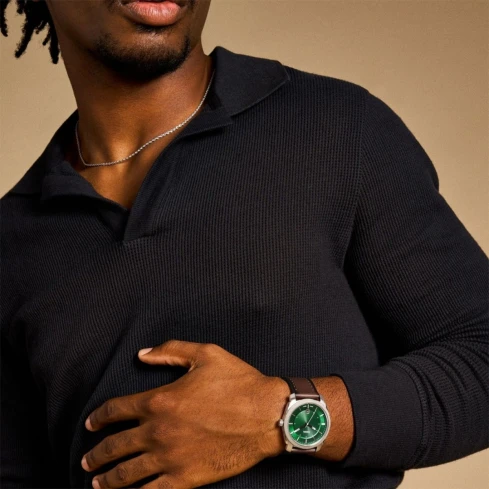 Мъжки ръчен часовник с кварцов механизъм - корпус от Стомана - Естествена кожа - цвят Зелен Кафяв