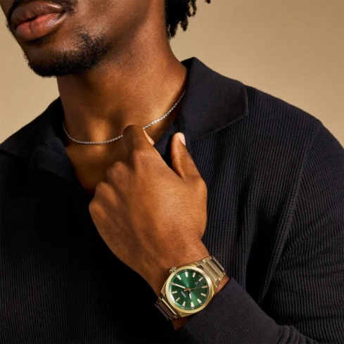 Мъжки ръчен часовник с кварцов механизъм - корпус от Стомана - Стоманена верижка - цвят Зелен Злато