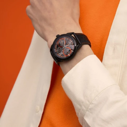 Мъжки ръчен часовник с автоматичен механизъм - корпус от Стомана - Естествена кожа - цвят Скелетон Оранжев