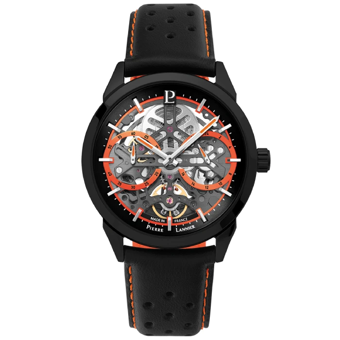 Мъжки ръчен часовник с автоматичен механизъм - корпус от Стомана - Естествена кожа - цвят Скелетон Оранжев