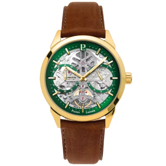 Мъжки ръчен часовник с автоматичен механизъм - корпус от Стомана - Естествена кожа - цвят Скелетон Кафяв