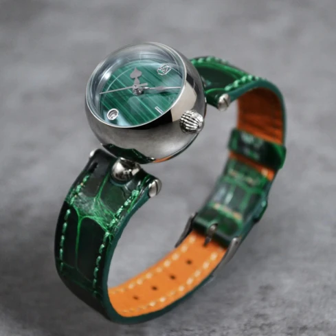 Дамски ръчен часовник с автоматичен механизъм - корпус от Стомана - Естествена кожа - цвят Зелен