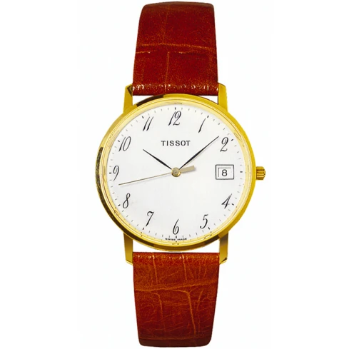 Мъжки ръчен часовник с кварцов механизъм - корпус от Жълто злато 18К - Естествена кожа - цвят Бял Кафяв