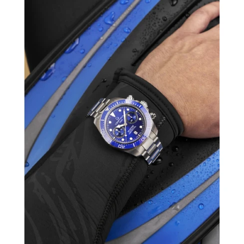 Мъжки ръчен часовник с автоматичен механизъм - корпус от Стомана и керамика - Стоманена верижка - цвят Син Сив