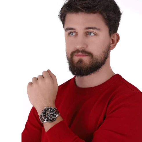 Мъжки ръчен часовник с кварцов механизъм - корпус от Стомана - Естествена кожа - цвят Черен Черен