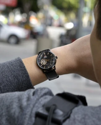 Мъжки ръчен часовник с автоматичен механизъм - корпус от Стомана - Стоманена верижка - цвят Син Черен